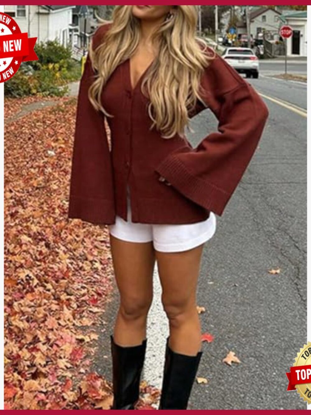 Y2K Long Bell Sleeve V-Neck Button Down Knit Cardigan Sweater Open Front - Picture 4 of 5